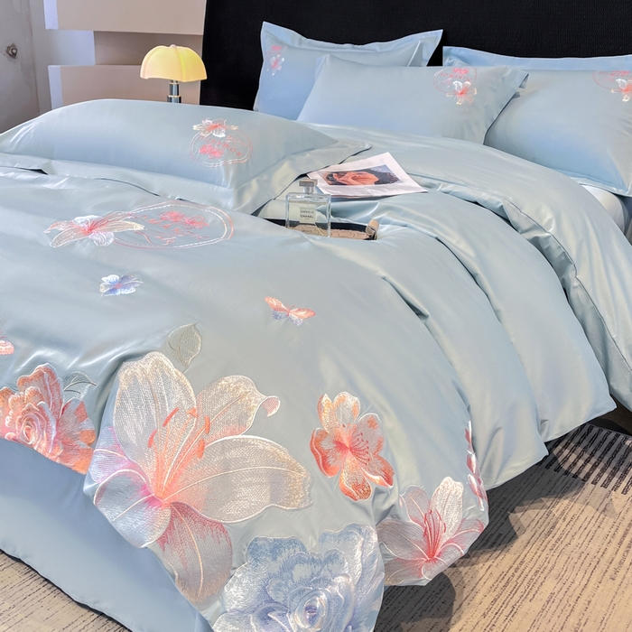 91家纺网 家纺一手货源 找家纺 桃园 新款纯棉全棉长绒棉刺绣绣花四件套  高端礼盒-倾城系列 倾城-飘蓝