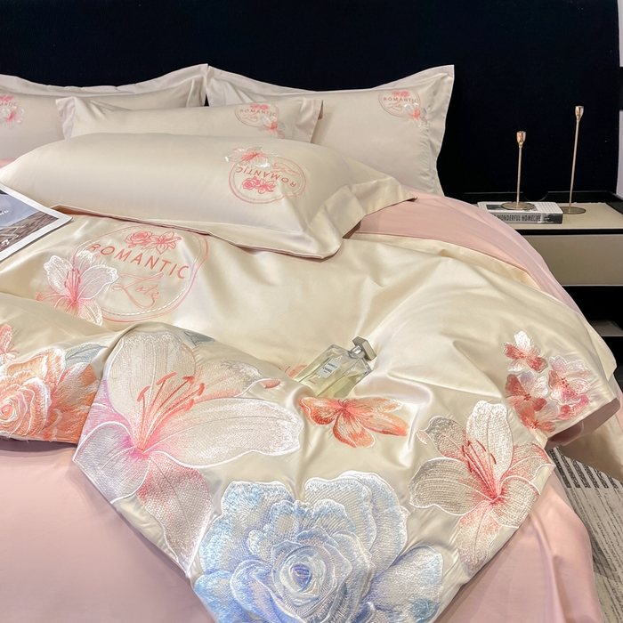 91家纺网 家纺一手货源 找家纺 桃园 新款纯棉全棉长绒棉刺绣绣花四件套  高端礼盒-倾城系列 倾城-白粉