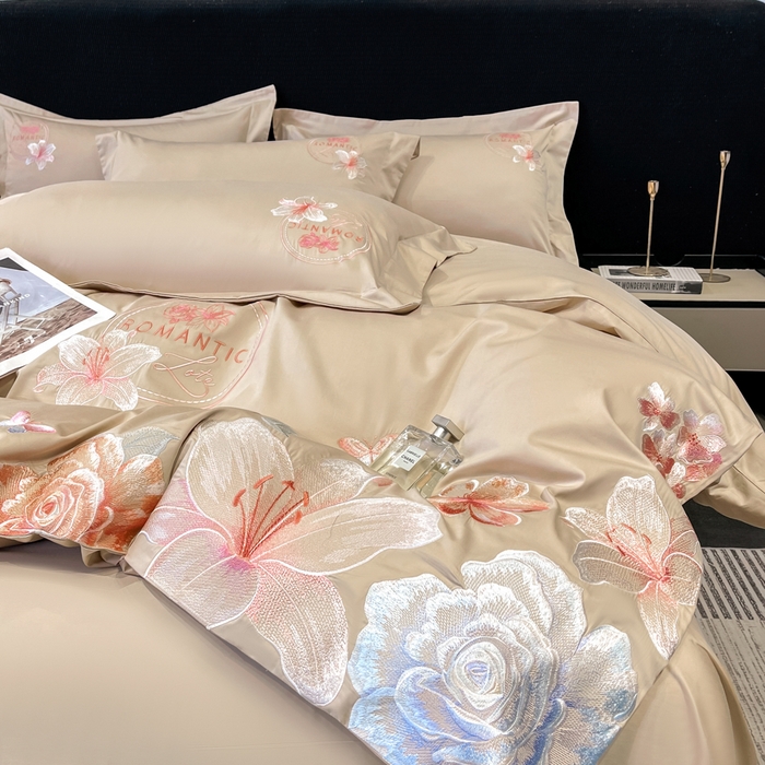 91家纺网 家纺一手货源 找家纺 桃园 新款纯棉全棉长绒棉刺绣绣花四件套  高端礼盒-倾城系列 倾城-香槟