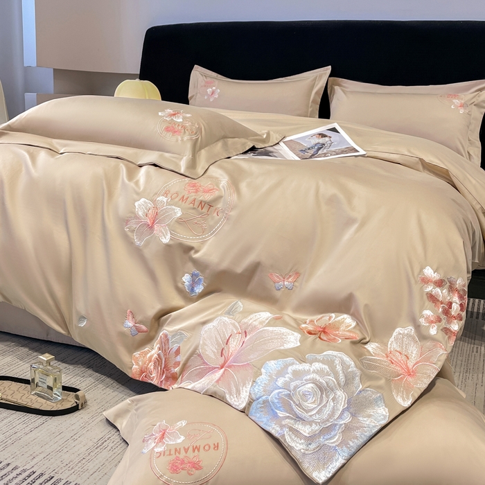 91家纺网 家纺一手货源 找家纺 桃园 新款纯棉全棉长绒棉刺绣绣花四件套  高端礼盒-倾城系列 倾城-香槟