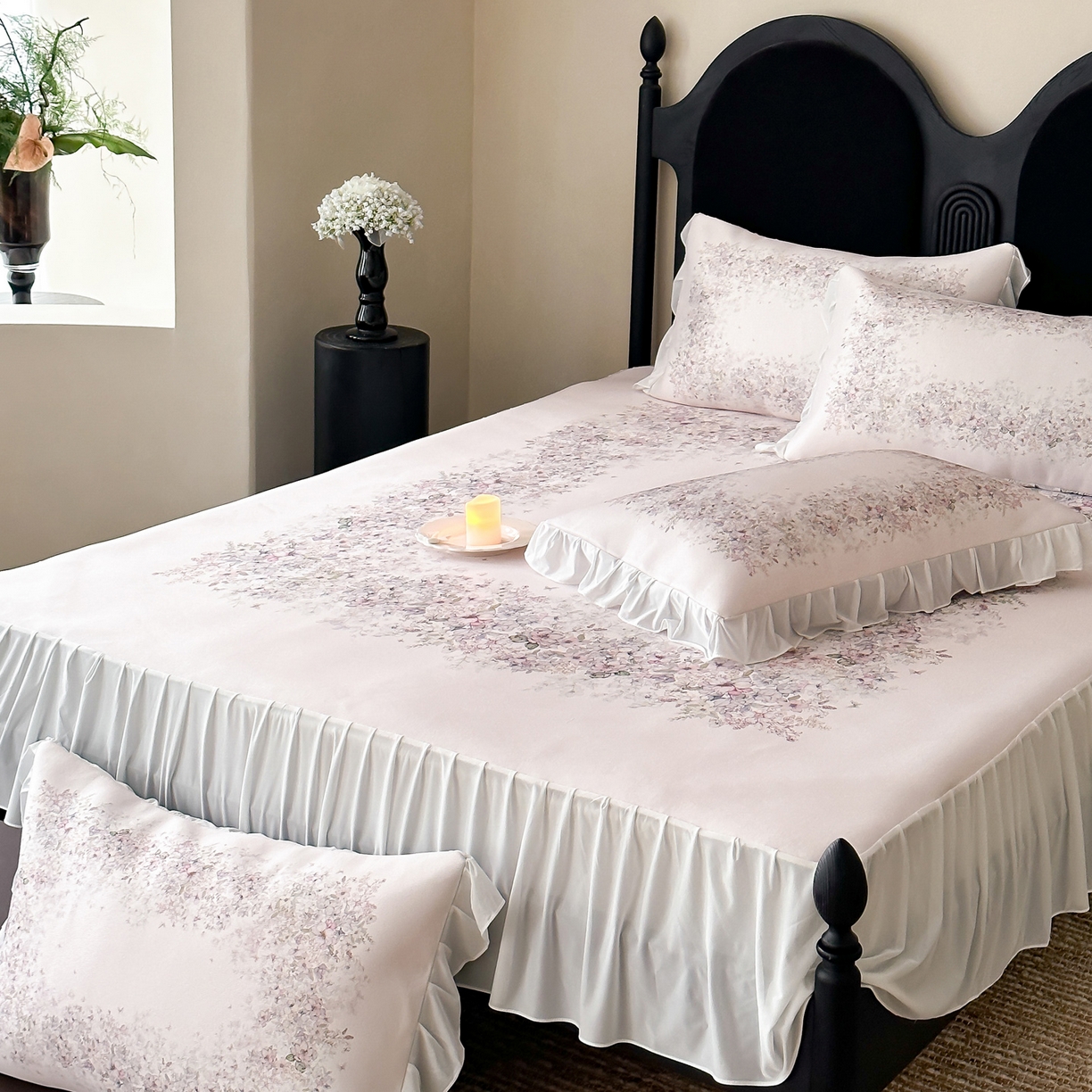 91家纺网 家纺一手货源 找家纺 三味舒屋 2026新款法式花庭系列冰丝席床裙款凉席席子 莫妮卡