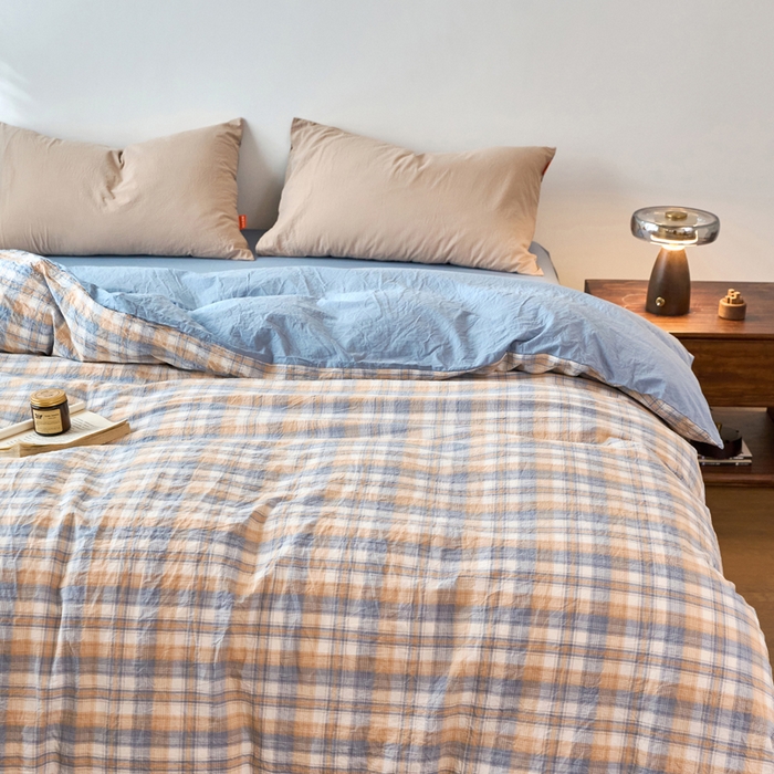 91家纺网 家纺一手货源 找家纺 春皖家纺 2026春夏新款全棉纯棉水洗棉单被套被套单件单品被套 翠竹-蓝格