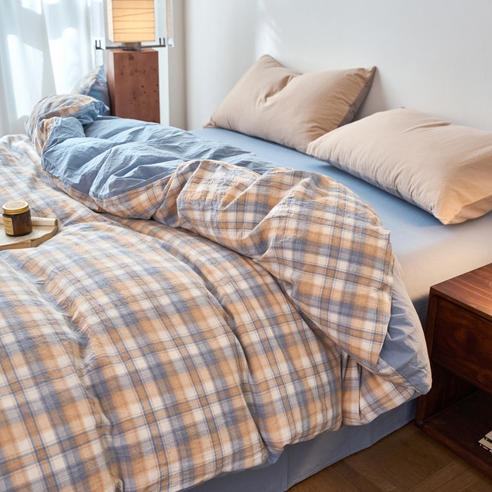 91家纺网 家纺一手货源 找家纺 春皖家纺 2026春夏新款全棉纯棉水洗棉单被套被套单件单品被套 翠竹-蓝格