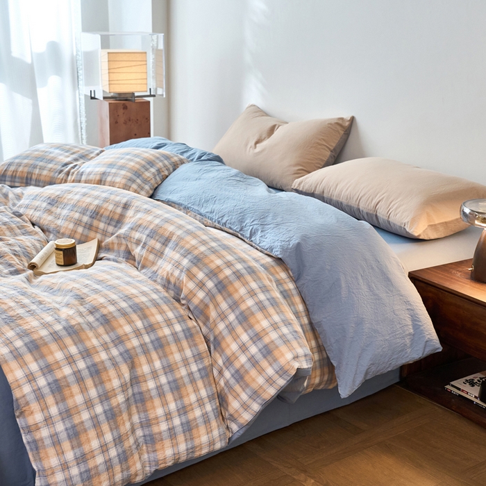 91家纺网 家纺一手货源 找家纺 春皖家纺 2026春夏新款全棉纯棉水洗棉单被套被套单件单品被套 翠竹-蓝格