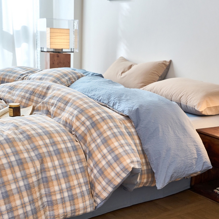 91家纺网 家纺一手货源 找家纺 春皖家纺 2026春夏新款全棉纯棉水洗棉单被套被套单件单品被套 翠竹-蓝格