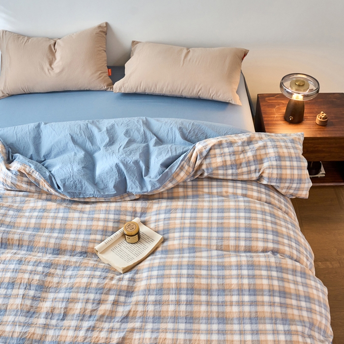 91家纺网 家纺一手货源 找家纺 春皖家纺 2026春夏新款全棉纯棉水洗棉单被套被套单件单品被套 翠竹-蓝格