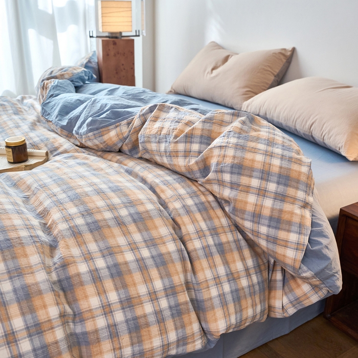 91家纺网 家纺一手货源 找家纺 春皖家纺 2026春夏新款全棉纯棉水洗棉单被套被套单件单品被套 翠竹-蓝格