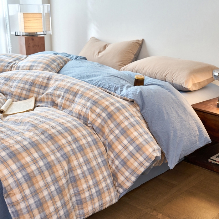 91家纺网 家纺一手货源 找家纺 春皖家纺 2026春夏新款全棉纯棉水洗棉单被套被套单件单品被套 翠竹-蓝格