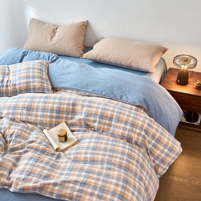 91家纺网 家纺一手货源 找家纺 春皖家纺 2026春夏新款全棉纯棉水洗棉单被套被套单件单品被套 翠竹-蓝格