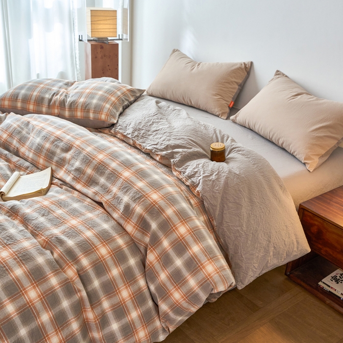 91家纺网 家纺一手货源 找家纺 春皖家纺 2026春夏新款全棉纯棉水洗棉单被套被套单件单品被套 栗木-咖格