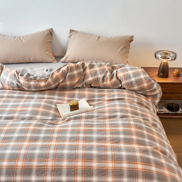 91家纺网 家纺一手货源 找家纺 春皖家纺 2026春夏新款全棉纯棉水洗棉单被套被套单件单品被套 栗木-咖格