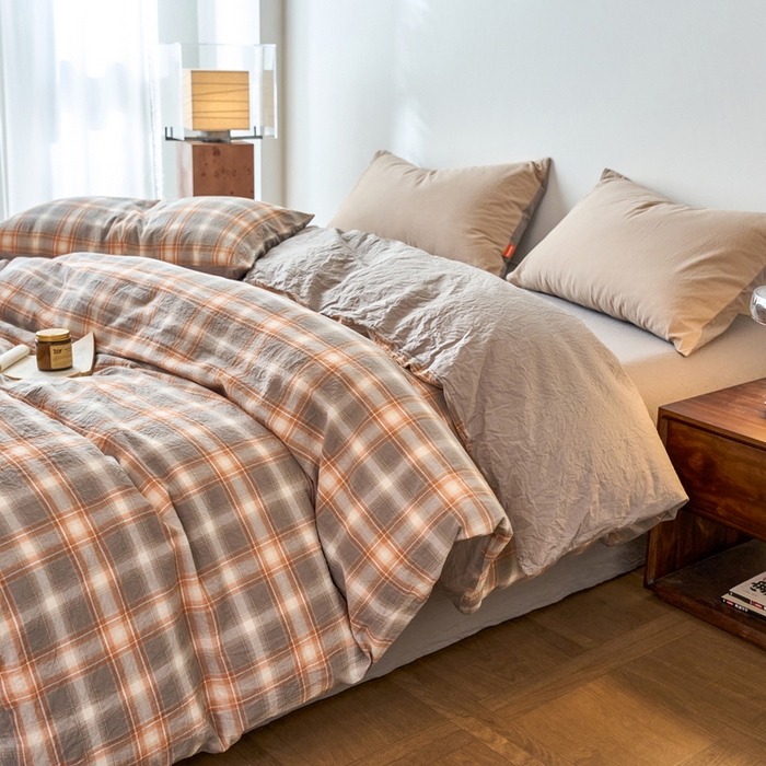 91家纺网 家纺一手货源 找家纺 春皖家纺 2026春夏新款全棉纯棉水洗棉单被套被套单件单品被套 栗木-咖格