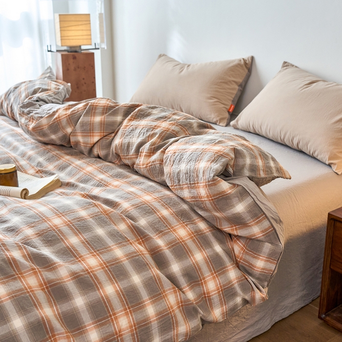 91家纺网 家纺一手货源 找家纺 春皖家纺 2026春夏新款全棉纯棉水洗棉单被套被套单件单品被套 栗木-咖格