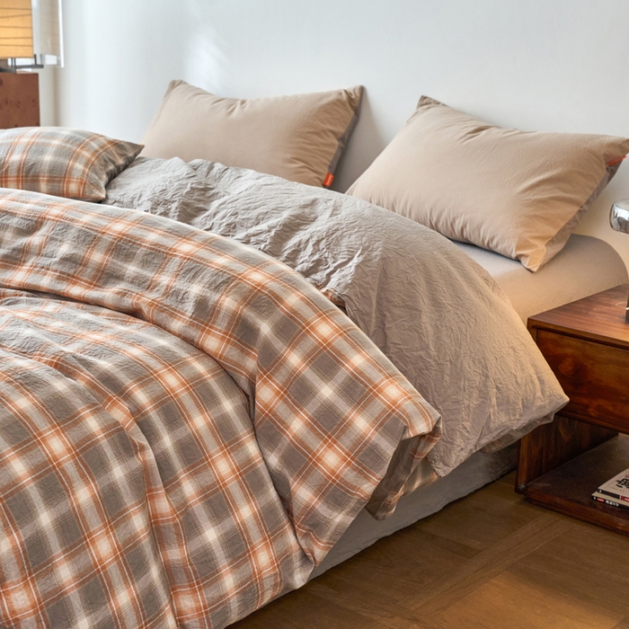 91家纺网 家纺一手货源 找家纺 春皖家纺 2026春夏新款全棉纯棉水洗棉单被套被套单件单品被套 栗木-咖格