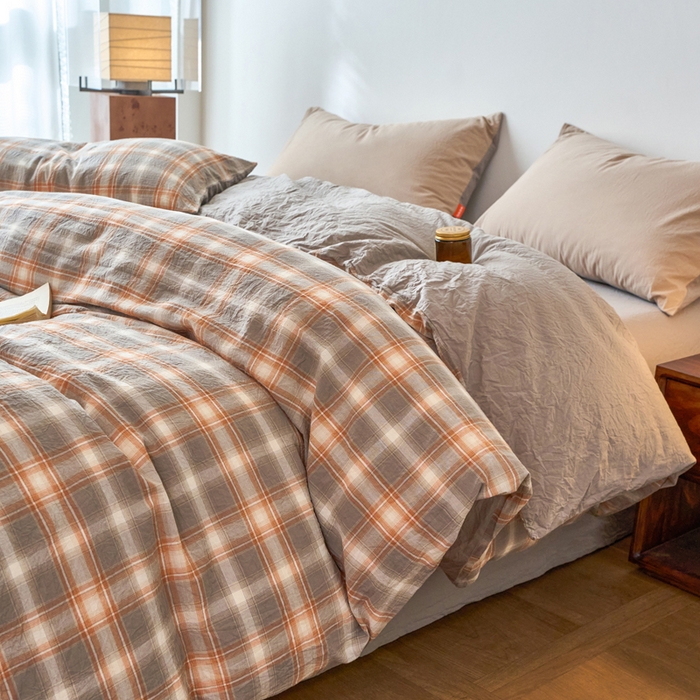 91家纺网 家纺一手货源 找家纺 春皖家纺 2026春夏新款全棉纯棉水洗棉单被套被套单件单品被套 栗木-咖格