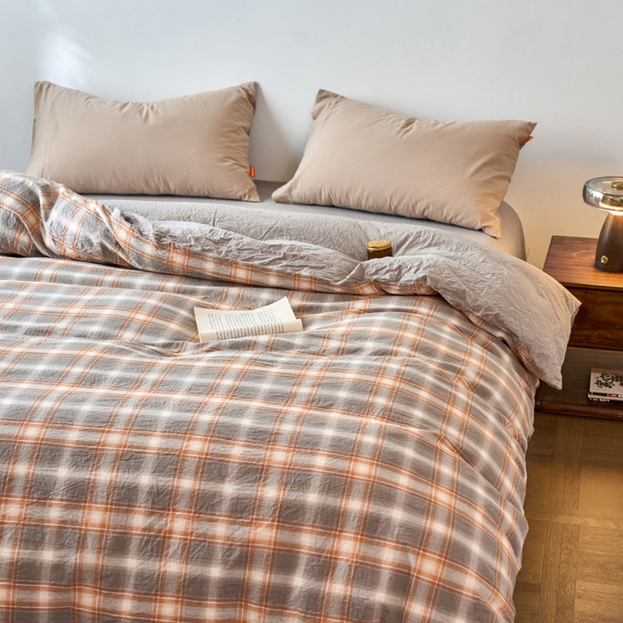 91家纺网 家纺一手货源 找家纺 春皖家纺 2026春夏新款全棉纯棉水洗棉单被套被套单件单品被套 栗木-咖格