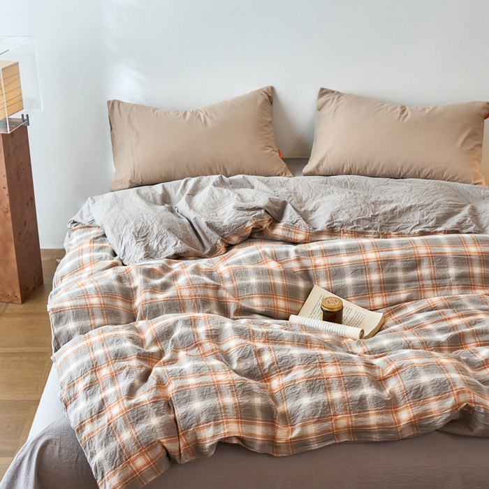 91家纺网 家纺一手货源 找家纺 春皖家纺 2026春夏新款全棉纯棉水洗棉单被套被套单件单品被套 栗木-咖格