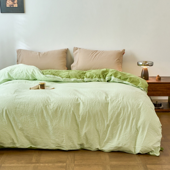 91家纺网 家纺一手货源 找家纺 春皖家纺 2026春夏新款全棉纯棉水洗棉单被套被套单件单品被套 嫩绿格