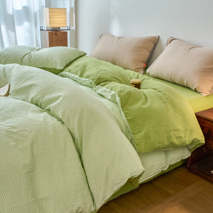 91家纺网 家纺一手货源 找家纺 春皖家纺 2026春夏新款全棉纯棉水洗棉单被套被套单件单品被套 嫩绿格