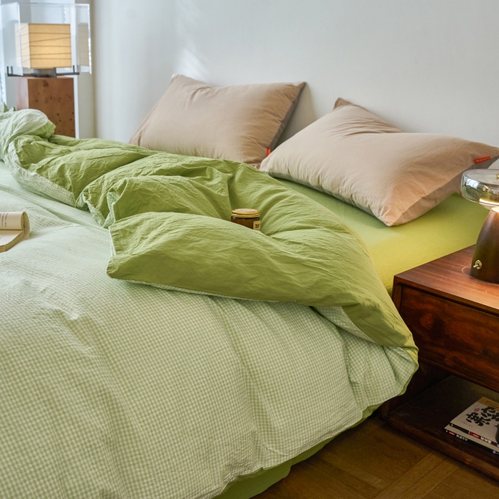 91家纺网 家纺一手货源 找家纺 春皖家纺 2026春夏新款全棉纯棉水洗棉单被套被套单件单品被套 嫩绿格