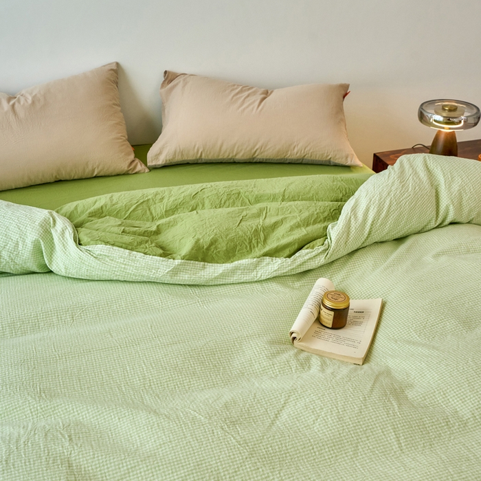 91家纺网 家纺一手货源 找家纺 春皖家纺 2026春夏新款全棉纯棉水洗棉单被套被套单件单品被套 嫩绿格