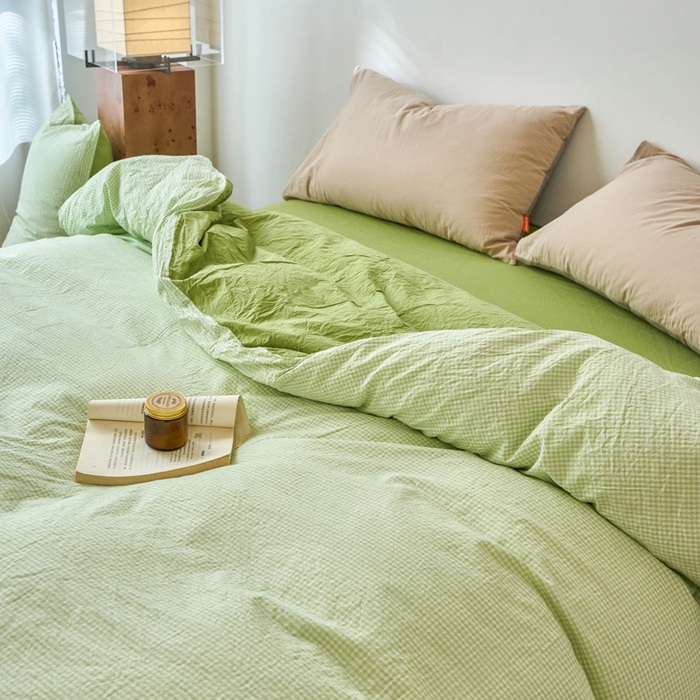 91家纺网 家纺一手货源 找家纺 春皖家纺 2026春夏新款全棉纯棉水洗棉单被套被套单件单品被套 嫩绿格