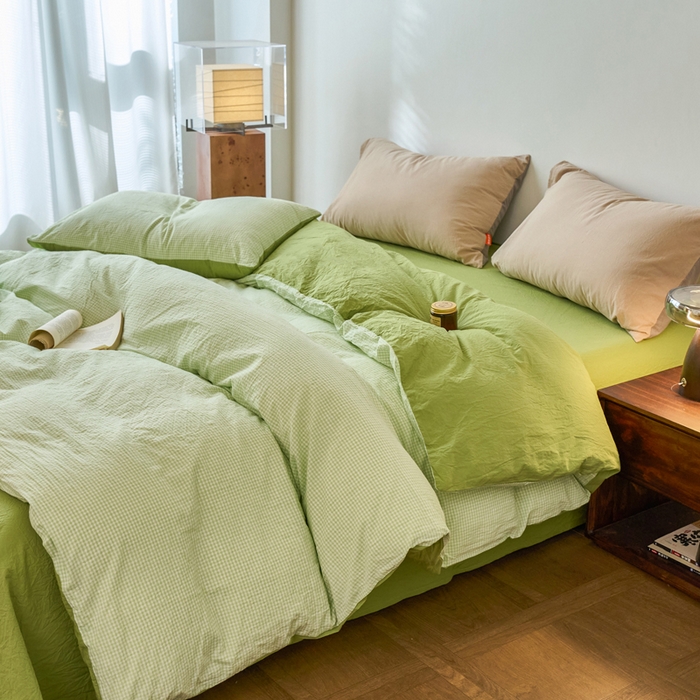 91家纺网 家纺一手货源 找家纺 春皖家纺 2026春夏新款全棉纯棉水洗棉单被套被套单件单品被套 嫩绿格