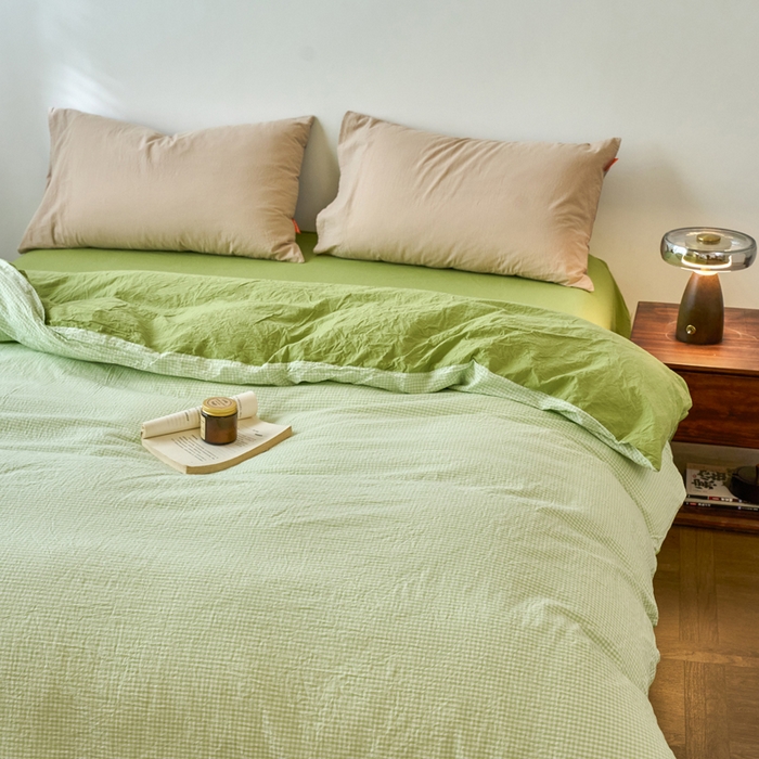 91家纺网 家纺一手货源 找家纺 春皖家纺 2026春夏新款全棉纯棉水洗棉单被套被套单件单品被套 嫩绿格