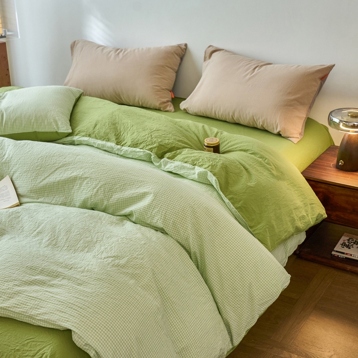 91家纺网 家纺一手货源 找家纺 春皖家纺 2026春夏新款全棉纯棉水洗棉单被套被套单件单品被套 嫩绿格