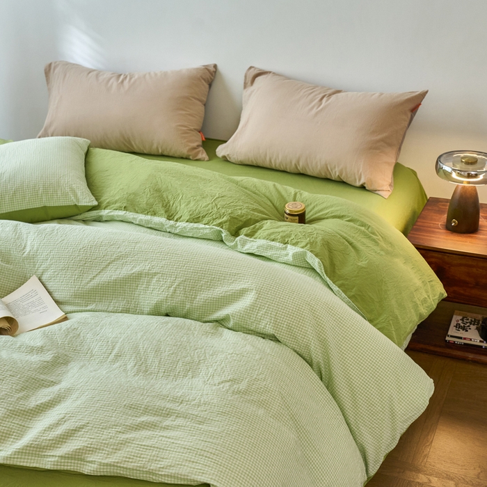 91家纺网 家纺一手货源 找家纺 春皖家纺 2026春夏新款全棉纯棉水洗棉单被套被套单件单品被套 嫩绿格