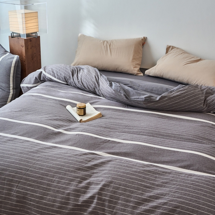 91家纺网 家纺一手货源 找家纺 春皖家纺 2026春夏新款全棉纯棉水洗棉单被套被套单件单品被套 素雅-灰条