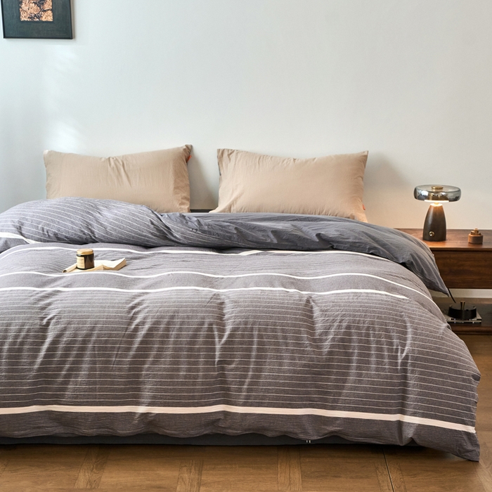 91家纺网 家纺一手货源 找家纺 春皖家纺 2026春夏新款全棉纯棉水洗棉单被套被套单件单品被套 素雅-灰条