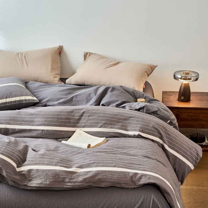 91家纺网 家纺一手货源 找家纺 春皖家纺 2026春夏新款全棉纯棉水洗棉单被套被套单件单品被套 素雅-灰条