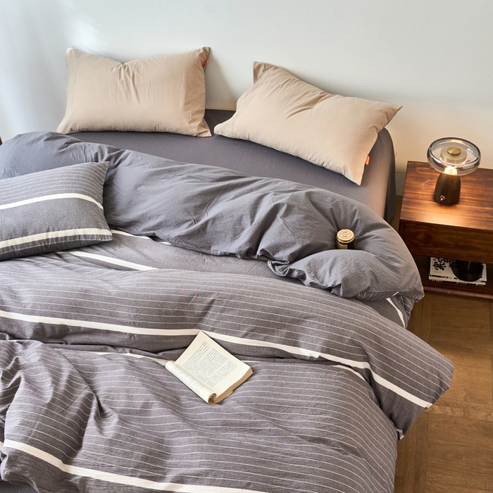 91家纺网 家纺一手货源 找家纺 春皖家纺 2026春夏新款全棉纯棉水洗棉单被套被套单件单品被套 素雅-灰条