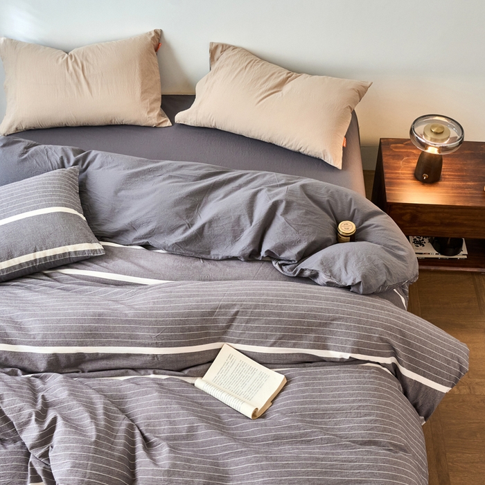 91家纺网 家纺一手货源 找家纺 春皖家纺 2026春夏新款全棉纯棉水洗棉单被套被套单件单品被套 素雅-灰条