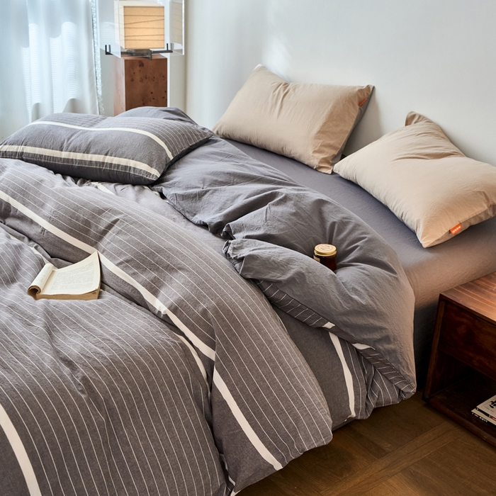 91家纺网 家纺一手货源 找家纺 春皖家纺 2026春夏新款全棉纯棉水洗棉单被套被套单件单品被套 素雅-灰条