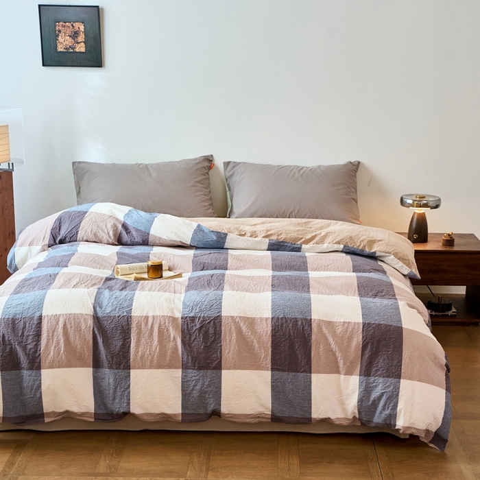 91家纺网 家纺一手货源 找家纺 春皖家纺 2026春夏新款全棉纯棉水洗棉单被套被套单件单品被套 素雅-蓝大格