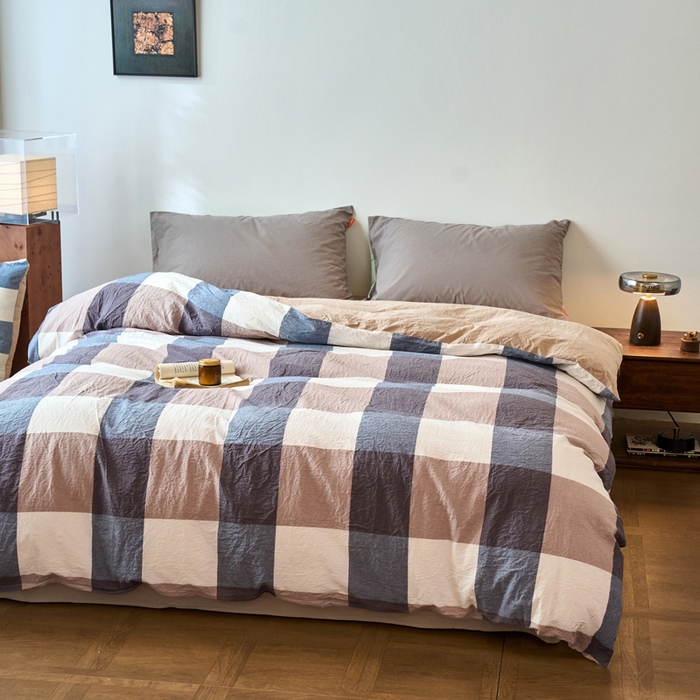 91家纺网 家纺一手货源 找家纺 春皖家纺 2026春夏新款全棉纯棉水洗棉单被套被套单件单品被套 素雅-蓝大格