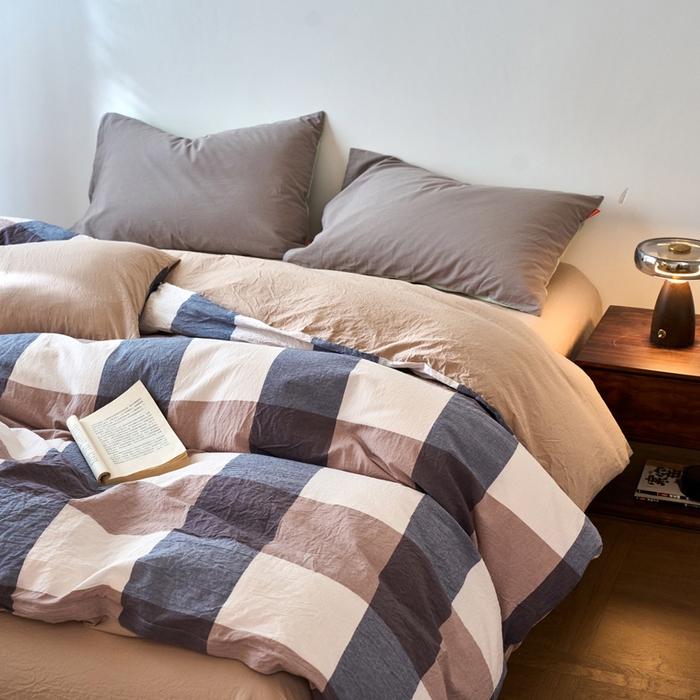 91家纺网 家纺一手货源 找家纺 春皖家纺 2026春夏新款全棉纯棉水洗棉单被套被套单件单品被套 素雅-蓝大格