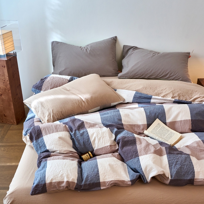 91家纺网 家纺一手货源 找家纺 春皖家纺 2026春夏新款全棉纯棉水洗棉单被套被套单件单品被套 素雅-蓝大格