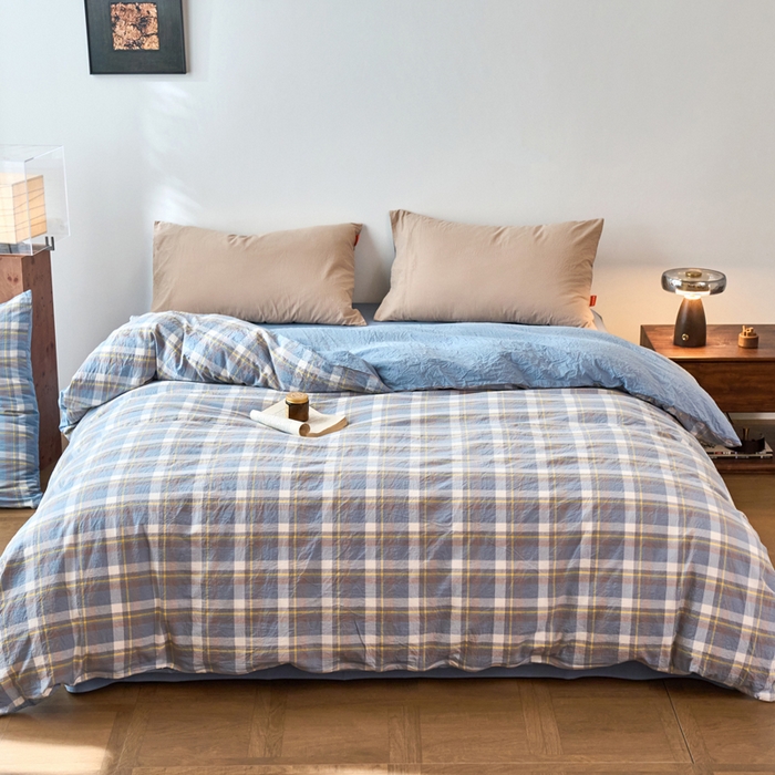 春皖家纺 2026春夏新款全棉纯棉水洗棉单被套被套单件单品被套 素雅-蓝格