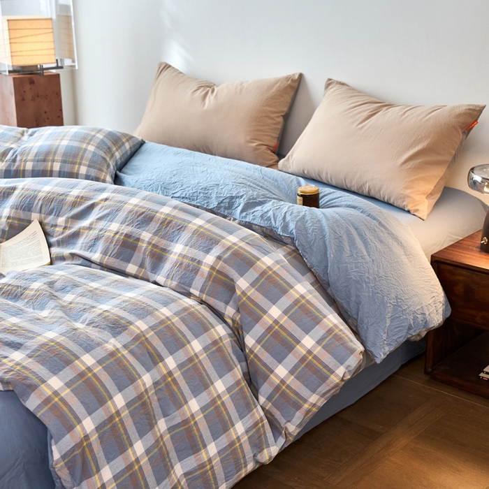 91家纺网 家纺一手货源 找家纺 春皖家纺 2026春夏新款全棉纯棉水洗棉单被套被套单件单品被套 素雅-蓝格