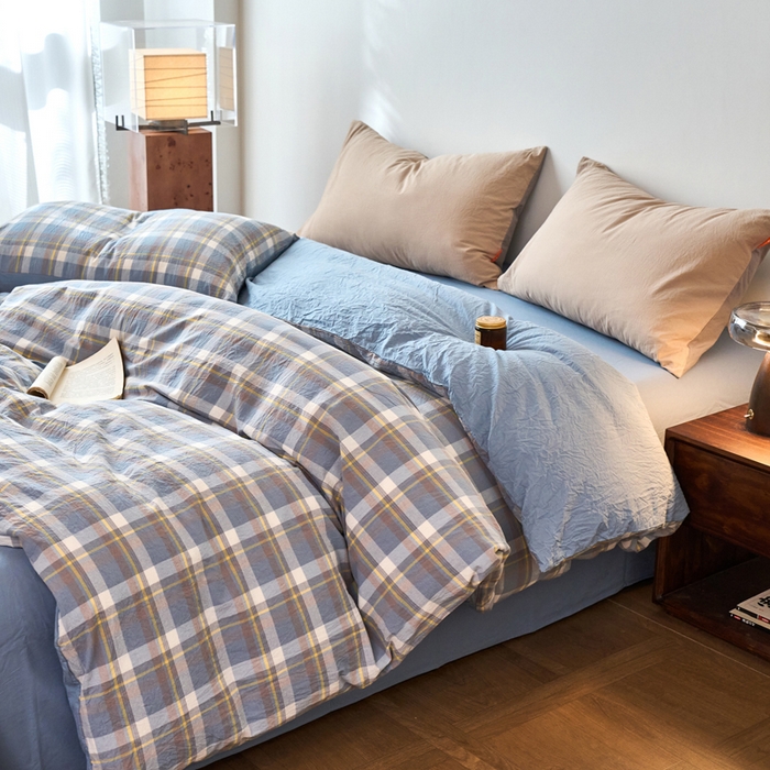 91家纺网 家纺一手货源 找家纺 春皖家纺 2026春夏新款全棉纯棉水洗棉单被套被套单件单品被套 素雅-蓝格