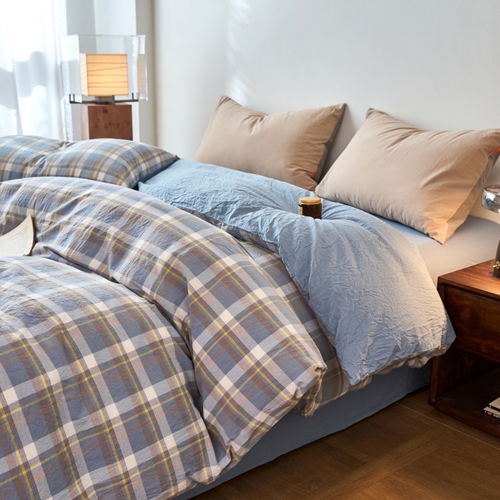 91家纺网 家纺一手货源 找家纺 春皖家纺 2026春夏新款全棉纯棉水洗棉单被套被套单件单品被套 素雅-蓝格