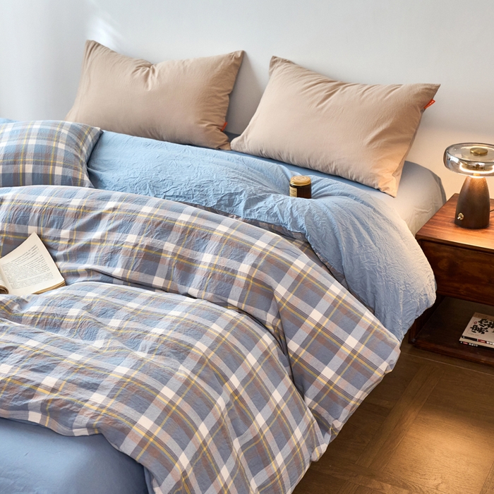 91家纺网 家纺一手货源 找家纺 春皖家纺 2026春夏新款全棉纯棉水洗棉单被套被套单件单品被套 素雅-蓝格