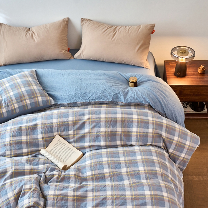 91家纺网 家纺一手货源 找家纺 春皖家纺 2026春夏新款全棉纯棉水洗棉单被套被套单件单品被套 素雅-蓝格