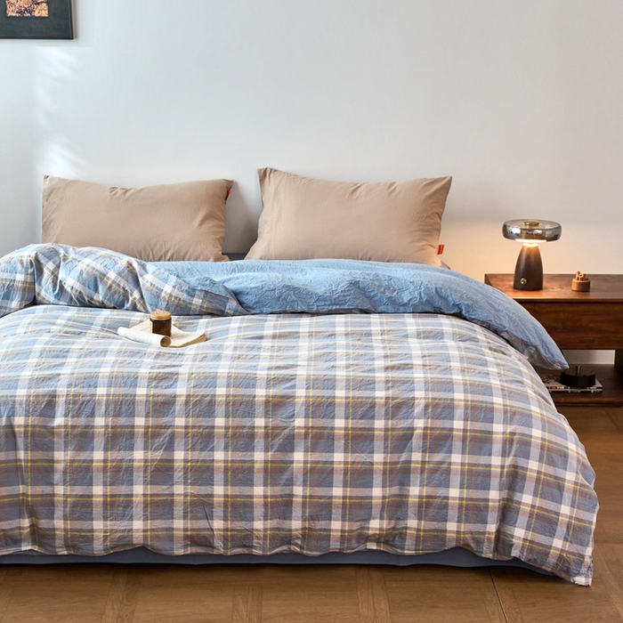 91家纺网 家纺一手货源 找家纺 春皖家纺 2026春夏新款全棉纯棉水洗棉单被套被套单件单品被套 素雅-蓝格