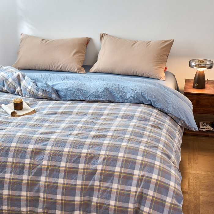 91家纺网 家纺一手货源 找家纺 春皖家纺 2026春夏新款全棉纯棉水洗棉单被套被套单件单品被套 素雅-蓝格