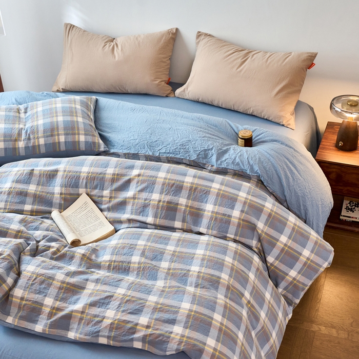 91家纺网 家纺一手货源 找家纺 春皖家纺 2026春夏新款全棉纯棉水洗棉单被套被套单件单品被套 素雅-蓝格