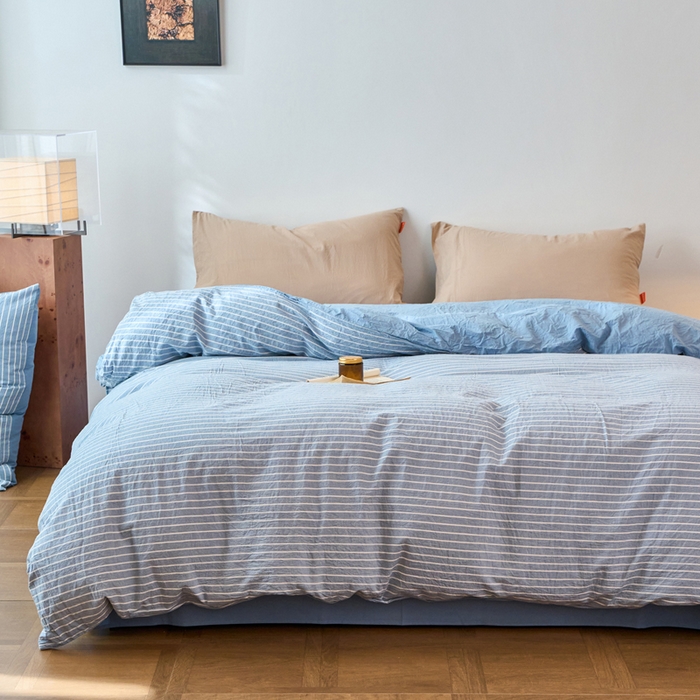 91家纺网 家纺一手货源 找家纺 春皖家纺 2026春夏新款全棉纯棉水洗棉单被套被套单件单品被套 素雅-蓝条